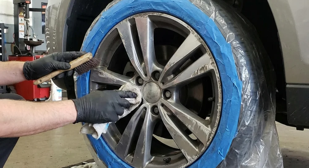 Professional technician preparing damaged alloy wheel for repair in UK workshop