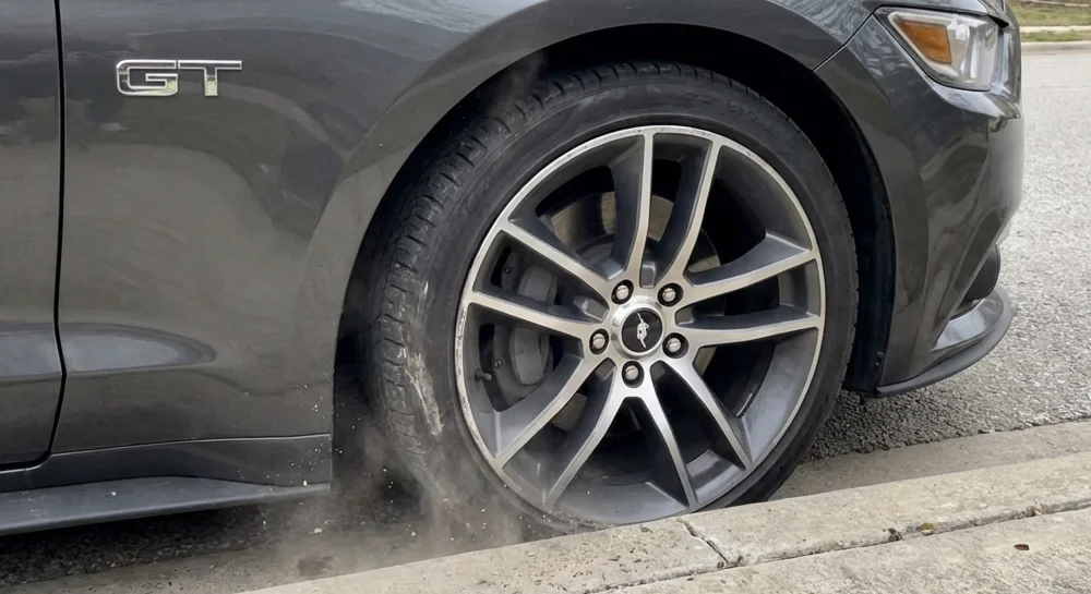 Ford Mustang kerbed alloy wheel showing damage requiring professional repair